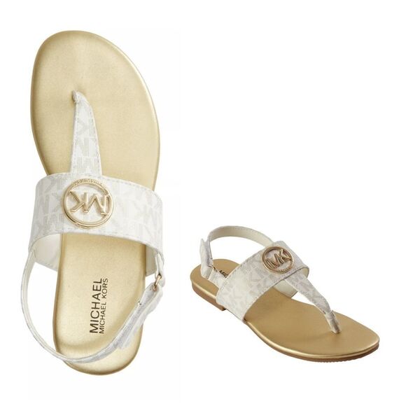 New! MICHAEL KORS Girls Marlie MK Logo T-Strap Sandals Shoe NWOB White Soft Gold - Picture 1 of 13